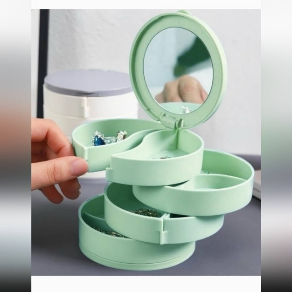 FIVE TIER SWIVEL JEWELRY BOXES WITH MIRRORS GREEN OR BLUE